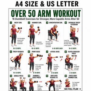 Puede incluir: Un póster instructivo blanco titulado OVER 50 ARM WORKOUT con el texto A4 SIZE & US LETTER. Muestra 12 ilustraciones numeradas de una persona con camiseta granate y leggings grises realizando ejercicios con mancuernas y flechas rojas.