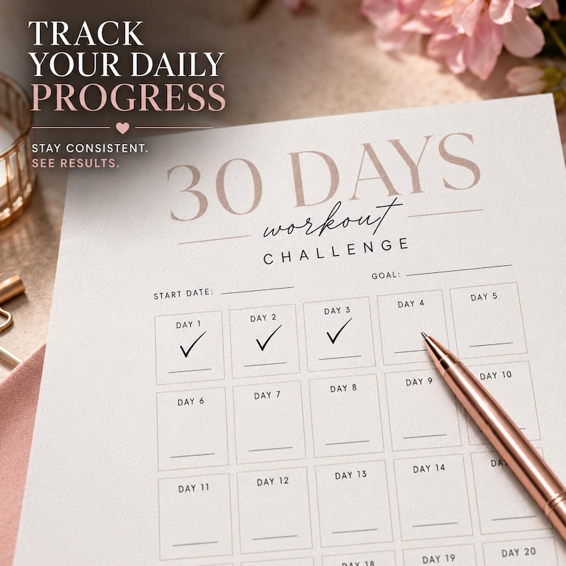 May include: A white paper 30 days workout challenge tracker with rose gold text. The header reads TRACK YOUR DAILY PROGRESS and STAY CONSISTENT. SEE RESULTS. The grid features numbered boxes from day 1 to 30, with checkmarks in days 1, 2, and 3.