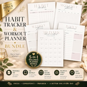 May include: A digital habit tracker and workout planner bundle featuring five printable pages with soft pink accents. The text includes Habit Tracker, Monthly Workout Planner, Weekly Workout Planner, Daily Planner, and 30 Days Chair Workout Challenge.
