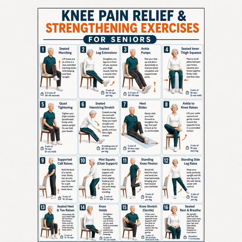 May include: A white instructional poster titled Knee Pain Relief & Strengthening Exercises for Seniors, featuring sixteen numbered illustrations of individuals performing various seated and standing physical therapy movements with descriptive text instructions.
