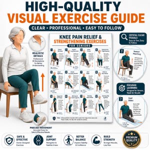 May include: A high-quality visual exercise guide poster titled Knee Pain Relief & Strengthening Exercises for Seniors. The chart features twelve numbered illustrations of seated and standing movements, with text instructions and icons for fitness.