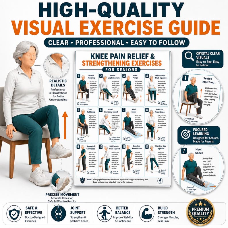 May include: A high-quality visual exercise guide poster titled Knee Pain Relief & Strengthening Exercises for Seniors. The chart features twelve numbered illustrations of seated and standing movements, with text instructions and icons for fitness.
