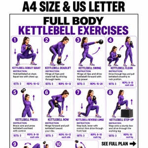 Puede incluir: Un póster instructivo blanco titulado Full Body Kettlebell Exercises que muestra ocho ilustraciones numeradas de una persona con ropa deportiva morada realizando varios ejercicios con pesa rusa, con instrucciones, series y repeticiones.