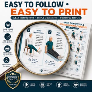 May include: A printed guide titled Knee Pain Relief & Strengthening Exercises for Seniors, viewed through a magnifying glass. The page displays numbered illustrations of seated leg extensions and heel slides with text instructions and rep counts.