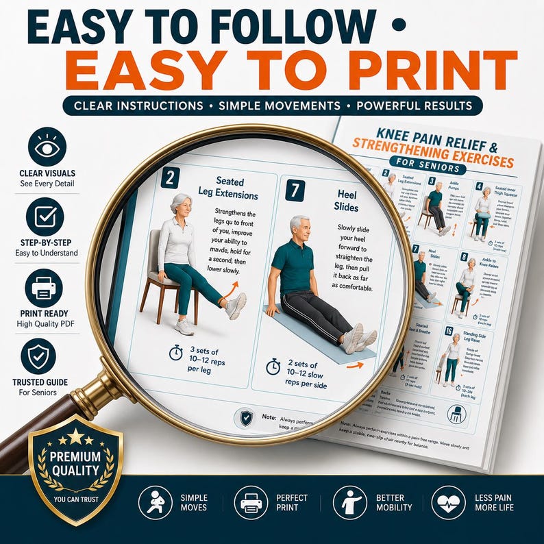 May include: A printed guide titled Knee Pain Relief & Strengthening Exercises for Seniors, viewed through a magnifying glass. The page displays numbered illustrations of seated leg extensions and heel slides with text instructions and rep counts.