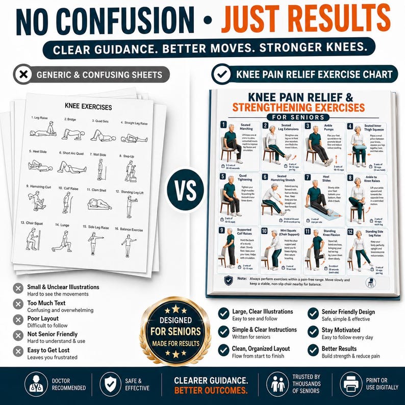 May include: A comparison chart titled Knee Pain Relief & Strengthening Exercises for Seniors, featuring twelve numbered illustrations of seated and standing exercises with text instructions, contrasted against a generic sheet of knee exercises.