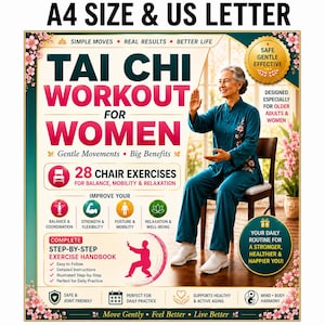 May include: A Tai Chi workout guide for women featuring text that reads Tai Chi Workout for Women, 28 Chair Exercises, and Step-by-Step Exercise Handbook. The graphic includes an illustration of a person in teal clothing performing exercises.