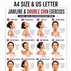 Può includere: Una tabella illustrativa intitolata A4 SIZE & US LETTER JAWLINE & DOUBLE CHIN EXERCISES. Presenta 12 illustrazioni numerate di una persona che esegue movimenti facciali come retrazioni del mento, allungamenti del collo ed esercizi mandibolari.