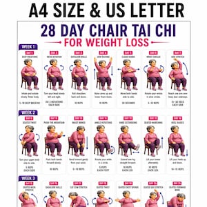 May include: A 28-day chair Tai Chi exercise chart for weight loss, available in A4 and US Letter sizes. The poster features a grid of illustrations showing a person in a pink shirt and purple pants performing daily seated movements and stretches.