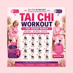 Può includere: Un grafico rosa e bianco che promuove un allenamento di Tai Chi per donne anziane. L'immagine presenta due donne che dimostrano esercizi, con testo che descrive una routine di sedia di 16 minuti, esercizi per principianti e benefici.