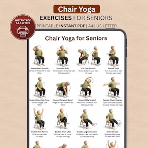Puede incluir: Un PDF imprimible titulado "Ejercicios de Yoga en Silla para Adultos Mayores" con ilustraciones de posturas de yoga sentado. Los ejercicios incluyen estiramientos de cuello, rotaciones de hombros y extensiones de piernas. El documento está diseñado para tamaños A4 y US Letter.