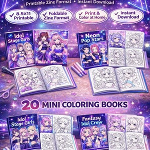 Kpop Inspired Mini Coloring Books Bundle – 20 Printable A4 Foldable Zines – Cute Idol Style Coloring Pages – DIY Mini Booklet PDF Download