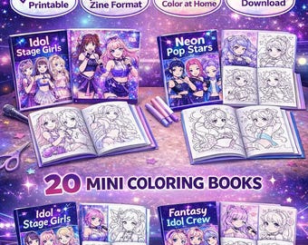 Kpop Inspired Mini Coloring Books Bundle – 20 Printable A4 Foldable Zines – Cute Idol Style Coloring Pages – DIY Mini Booklet PDF Download