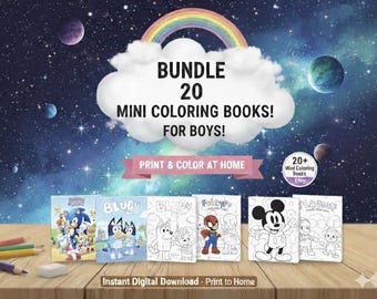 Mini Coloring Books for Boys, Space & Cartoon Themes (Digital Download)