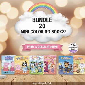 May include: A digital bundle of 20 mini coloring books featuring various cartoon characters on the covers. The text reads BUNDLE 20 MINI COLORING BOOKS! PRINT & COLOR AT HOME and 20+ Mini Coloring Books Etsy. The books are displayed in a row.