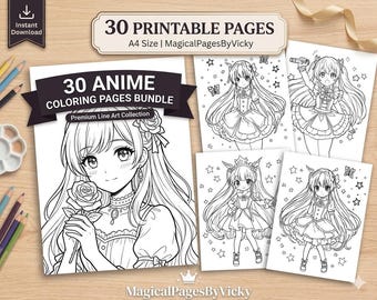 30 Anime Coloring Pages Bundle, Kawaii Girl Printable Pages, A4 PDF Digital Download, Magical Manga Collection, Instant Download