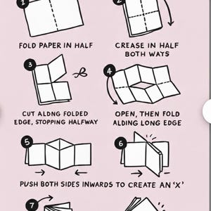 May include: A light pink instructional graphic titled DIY Mini Book Instructions with eight numbered steps. The black and white line drawings illustrate folding, cutting, and assembling a single sheet of paper into a small book format.