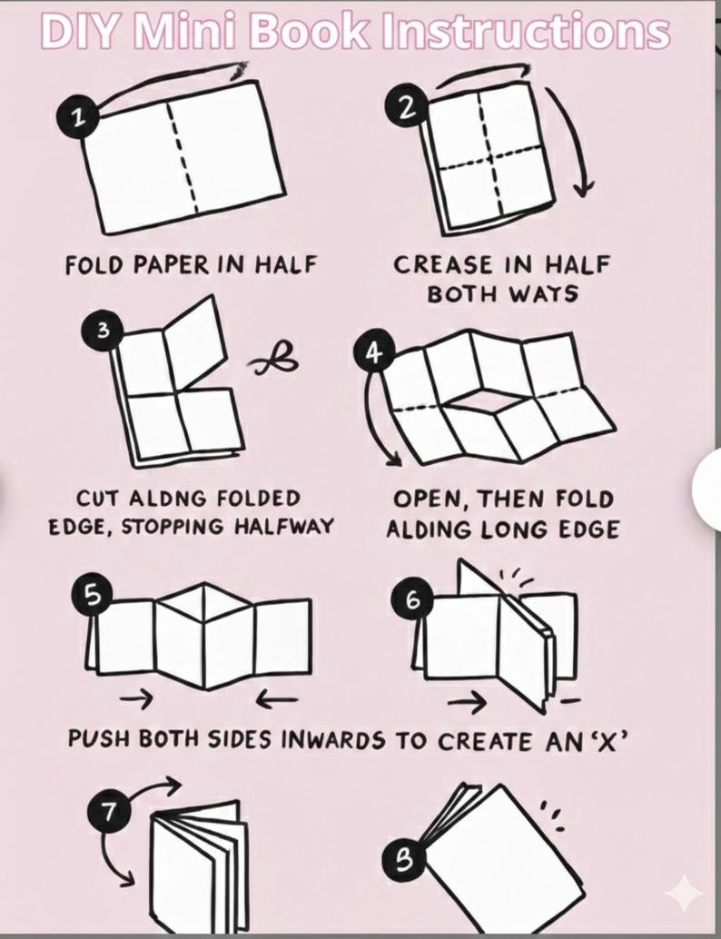 May include: A light pink instructional graphic titled DIY Mini Book Instructions with eight numbered steps. The black and white line drawings illustrate folding, cutting, and assembling a single sheet of paper into a small book format.