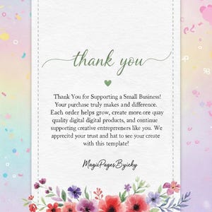 May include: A rectangular white thank you card with a dashed border, featuring the text thank you in green script, a small green heart, and a floral arrangement at the bottom. The card includes printed text thanking the customer for their support.
