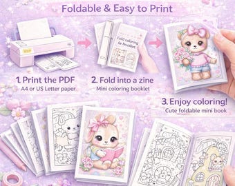 Printable Mini Coloring Book Zine for Girls | Foldable Coloring Book | Cute Animal Zine | Instant Download