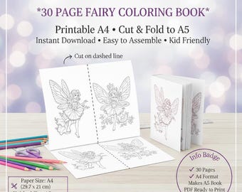 30 Fairy Coloring Pages for Kids, Printable A4 to A5 Mini Book, Instant Download, DIY Cut and Bind Activity, Magical Fairy PDF