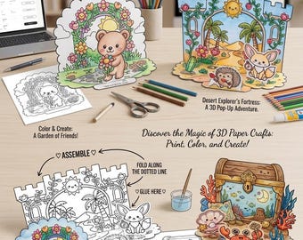 3D Pop-Up Paper Craft Bundle, Printable DIY Diorama Set for Kids, Creative Coloring Activity, Instant Download PDF