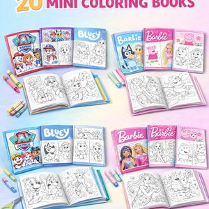 Puede incluir: Un lote de 20 mini libros para colorear con personajes de Paw Patrol, Bluey y Barbie. Los libros están abiertos para mostrar páginas para colorear, con crayones y rotuladores. El texto "BUNDLE OF 20 MINI COLORING BOOKS" está en la parte superior.