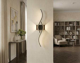 Applique da parete moderna a LED a forma di onda, 60/80 cm, minimalista, nera e oro, elegante illuminazione per interni.