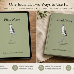 Op de afbeelding: Een olijfgroen notitieboek en tablet tonen "Field Notes" met een illustratie van een Bush-Stone Curlew. De tekst luidt "One Journal. Two Ways to Use It." en "Ecology & Wildlife Observation."