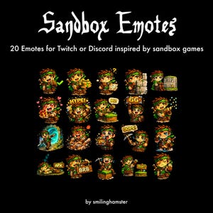 Könnte beinhalten: Ein schwarzes Grafikdesign mit 20 pixeligen Emotes, inspiriert von Sandbox-Spielen, für Twitch oder Discord. Jedes Emote zeigt einen Charakter in verschiedenen Posen, mit Texten wie "HYPE!", "GG" und "Bye!". Der Text "Sandbox Emotes" steht oben.