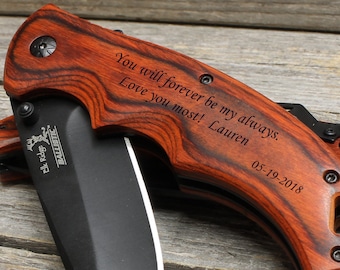 Personalized gift for Husband, Anniversary gifts for men, Custom engraved Pocket Knife with Clip, Wood Folding Knife