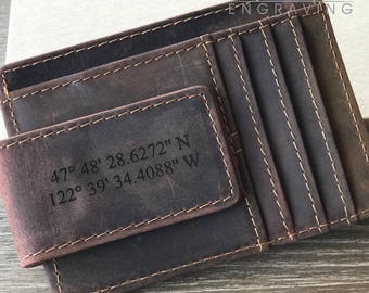 Mens Leather Wallet, Personalized Wallet, Money Clip wallet, Custom Money Clip, Coordinates Money Clip, Mens Personalized Leather Money Clip