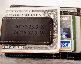 Minimalist Wallet for men, Personalized Leather Money clip Wallet, Unique Gifts for him, Coordinates gift, Custom engraved wallet