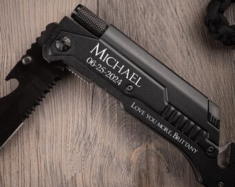 Personalized LED Pocket Knife with Belt Clip - Multi-tool Christmas Gift for Men - Anniversary, Birthday, Wedding - Engraved Tactical Black