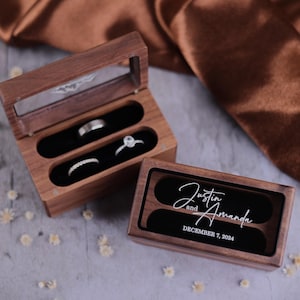 Quad Wooden Wedding Ring Box with Glass Lid - Ring Box Holder for wedding ceremony -  Personalized 4 Ring Slot Engagement Ring Bearer Box