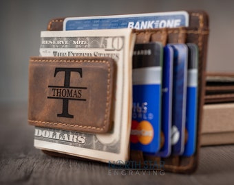 Leather Money clip wallet, Minimalist wallet for men, Engraved leather wallet with magnetic money clip