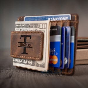 Cartera de cuero con clip para billetes, Cartera minimalista para hombre, Cartera de cuero grabada con clip magnético para billetes