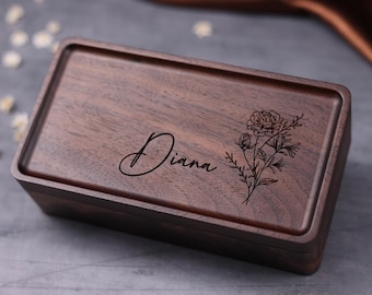 Personalized Birth Flower Walnut Jewelry Box: Engraved Travel Case