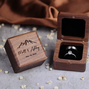 Personalized Walnut Wood Ring Box – Custom Square Engagement, Wedding, Proposal Ring Box – Unique Gift for Him or Her