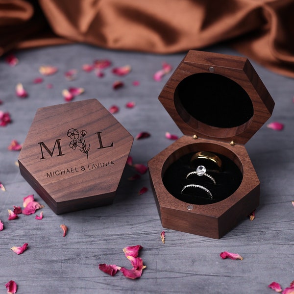 Triple Ring Box, Hexagon Wooden ring box for wedding Ceremony, Ring Bearer Ring Box, 3 ring Holder, Wedding band holder