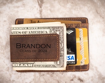 Engraved College Graduation Gifts for Him Class of 2024, Personalized Money Clip leather Wallet with clip, High School Graduation gift