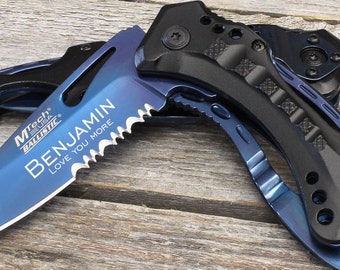 Custom Pocket Knife: Personalized Blue Titanium Coated Blade - Unique Gifts for Men