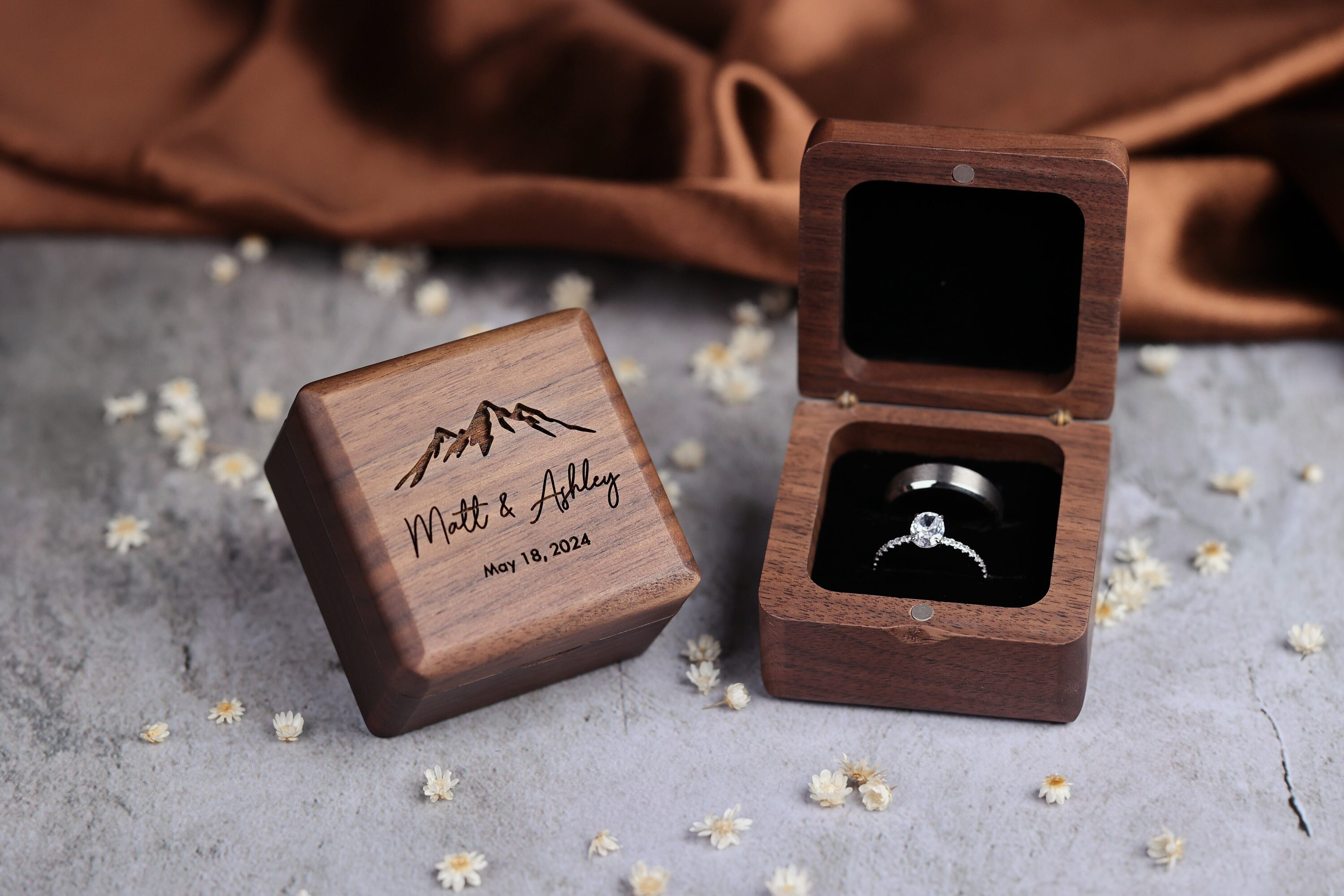 Personalized Walnut Wood Ring Box – Custom Square Engagement, Wedding, Proposal Ring Box – Unique Gift for Him or Her