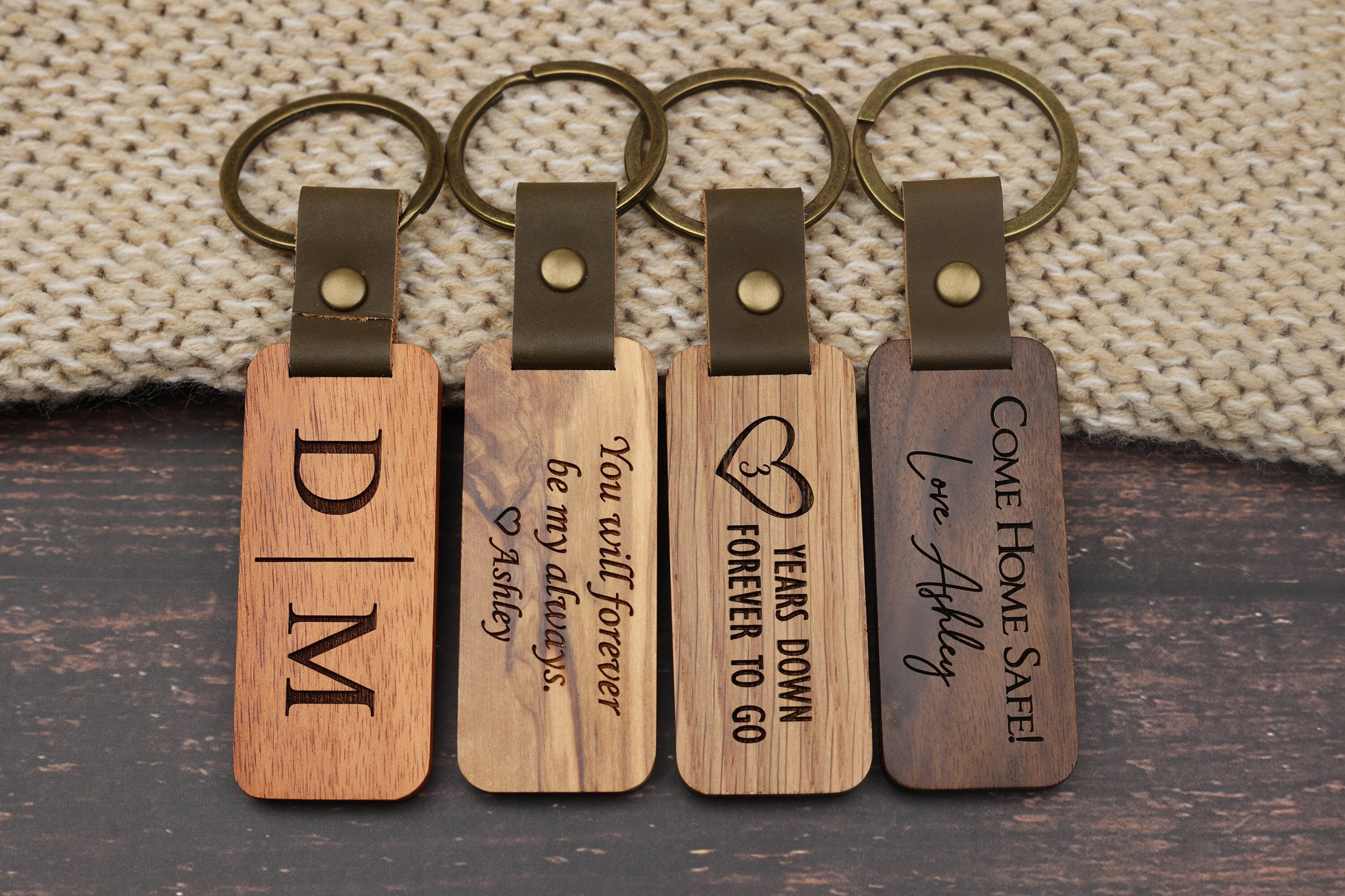 Custom Keychain, Gift for Him - Personalized Engraved Wood Keychain, Anniversary Gift, PersonalFury, Pack 5