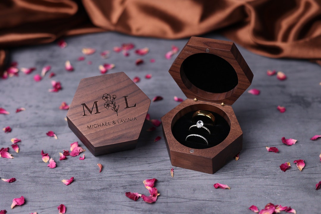 Engraved Walnut Hexagon Triple Ring Box: Wedding Ceremony Ring Holder