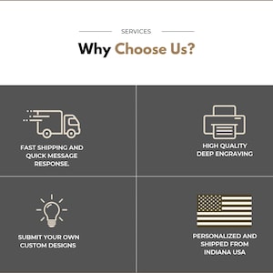May include: A graphic with four icons representing services offered. The first icon is a delivery truck, the second is a printer, the third is a light bulb, and the fourth is an American flag. The text reads "SERVICES Why Choose Us?"  "FAST SHIPPING AND QUICK MESSAGE RESPONSE." "HIGH QUALITY DEEP ENGRAVING" "SUBMIT YOUR OWN CUSTOM DESIGNS" "PERSONALIZED AND SHIPPED FROM INDIANA USA"