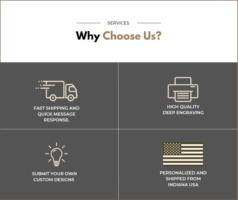 May include: A graphic with four icons representing services offered. The first icon is a delivery truck, the second is a printer, the third is a light bulb, and the fourth is an American flag. The text reads "SERVICES Why Choose Us?"  "FAST SHIPPING AND QUICK MESSAGE RESPONSE." "HIGH QUALITY DEEP ENGRAVING" "SUBMIT YOUR OWN CUSTOM DESIGNS" "PERSONALIZED AND SHIPPED FROM INDIANA USA"