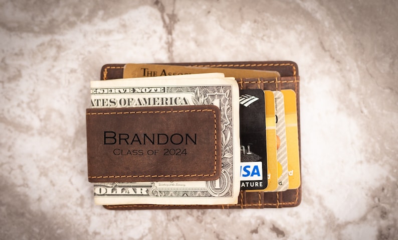Engraved College Graduation Gifts for Him Class of 2024, Personalized Money Clip leather Wallet with clip, High School Graduation gift image 1