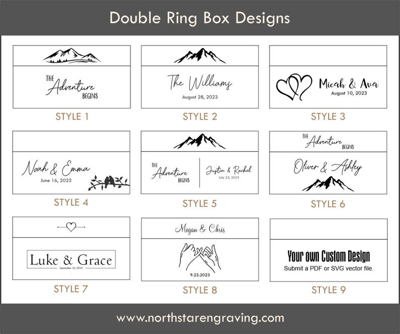 May include: Nine different designs for double ring boxes. Each design features a different graphic, including mountains, hearts, birds, and hands. The text "The Adventure Begins" appears in several of the designs. The text "Your own Custom Design" appears in the bottom right corner of the image.