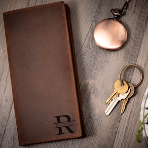 Cartera larga de cuero para hombre grabada, regalo de aniversario de un año para novio, cartera grabada para hombre, cartera personalizada para hombre